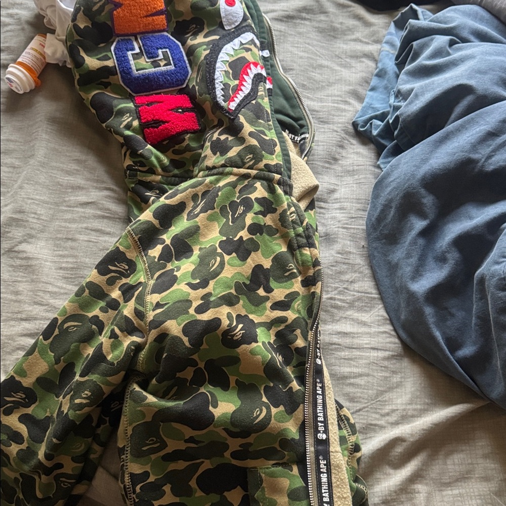BAPE Big ABC Green Camo Shark Wide Full Zip Double Hoodie Mens Large